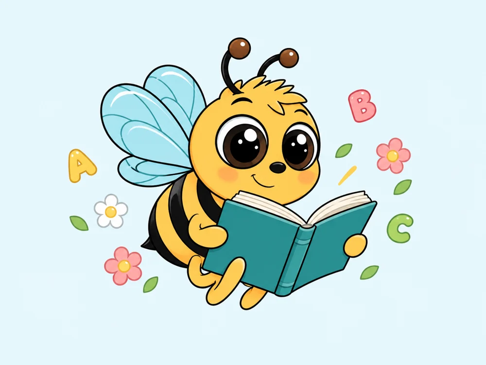 A cheerful AbeecLevels bee reading an open book, surrounded by letters and flowers